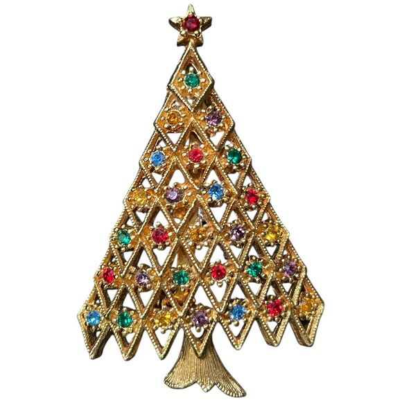 Vintage JJ Signed Christmas Tree Brooch Pin Gold Tone Rhinestone Holiday 2.25" - Picture 2 of 8